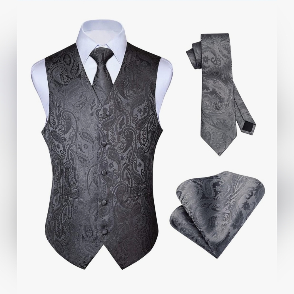 Hisdern Elegant Gray Paisley Vest and Tie Set